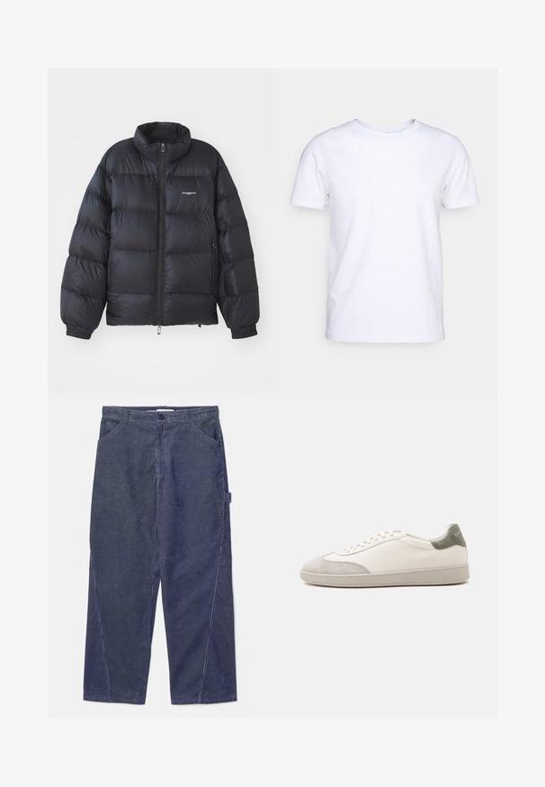 Sort pufferjakke med høj krave, lynlås i front, elastiske cuff-kanter og et logo på brystet. Glat, shiny materiale med polstret design.; Hvid kortærmet t-shirt i bomuldsstof med rund halsudskæring. Enkel design uden mønstre eller detaljer. Glat tekstur.; WOOD WOOD WWWILSON TWISTED SEAM TROUSERS - Bukser - envy green; Hvid lav sneaker med lysegrå ruskind på tå og hæl, hvide snørebånd og en flad beige sål, vist fra ydersiden.