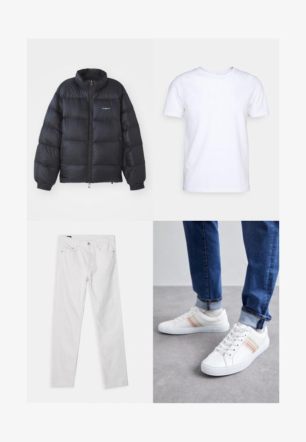 Sort pufferjakke med høj krave, lynlås i front, elastiske cuff-kanter og et logo på brystet. Glat, shiny materiale med polstret design.; Hvid kortærmet t-shirt i bomuldsstof med rund halsudskæring. Enkel design uden mønstre eller detaljer. Glat tekstur.; Hvide denim jeans med lige ben, fem-lomme design og knaplukning i taljen. Har diskret syninger og metalhardware detaljer.; Hvide lædersneakers med multicolore striber, snørebåndsdesign, gummisål og polstret krave, parret med blå denimjeans.