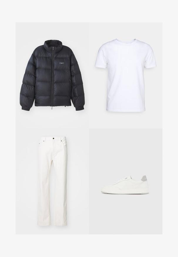 Schwarze Puffjacke mit hohem Kragen, Reißverschluss, elastischen Bündchen und einem Logo auf der Brust. Glattes, glänzendes Material mit gepolstertem Design.; Weißes T-Shirt mit kurzen Ärmeln aus Baumwollstoff und rundem Halsausschnitt. Schlichtes Design ohne Muster oder Akzente. Glatte Textur.; Weiße Jeans mit geradem Bein, ausgestattet mit einem Fünf-Taschen-Design, einem Metallknopfverschluss und minimalen Nähten.; Weißer Sneaker mit niedrigem Schaft, grauem Fersenlaschen, weißen Schnürsenkeln und einer strukturierten Sohle, dargestellt vor einem schlichten hellen Hintergrund.
