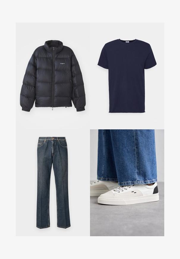 Sort pufferjakke med høj krave, lynlås i front, elastiske cuff-kanter og et logo på brystet. Glat, shiny materiale med polstret design.; Marineblå kortærmet t-shirt lavet af blødt stof. Har rund halsudskæring og en lige pasform uden mønstre eller accenter.; Mørkeblå lige ben denim jeans med frontknap, lynlås, dobbelte forlommer og synlige lodrette folder ned langs benene.; Hvide og sorte sneakers med en glat læderoverdel, teksturerede detaljer og en kraftig hvid sål. Har et klassisk snørebåndsdesign.