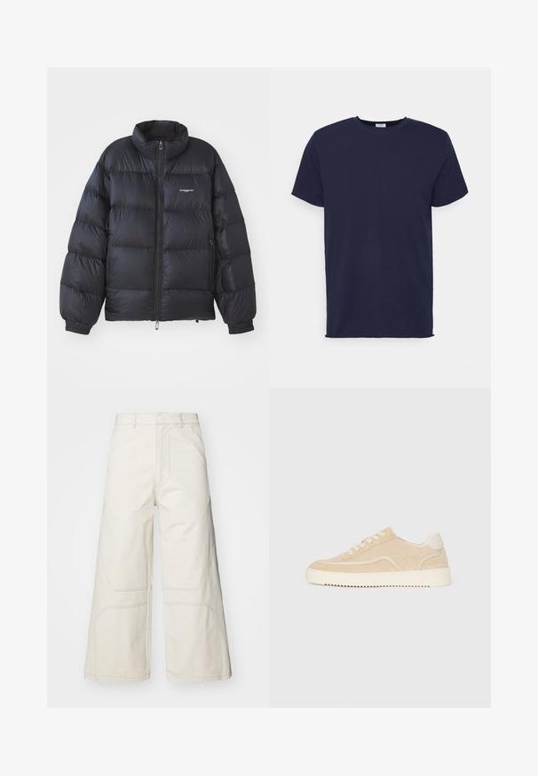 Sort pufferjakke med høj krave, lynlås i front, elastiske cuff-kanter og et logo på brystet. Glat, shiny materiale med polstret design.; Marineblå kortærmet t-shirt lavet af blødt stof. Har rund halsudskæring og en lige pasform uden mønstre eller accenter.; A-COLD-WALL* FORMAT PANT - Bukser - beige bone; Beige ruskinds sneakers med hvid sål og snørebånd, lavtop design og zigzag mønster på sålen.