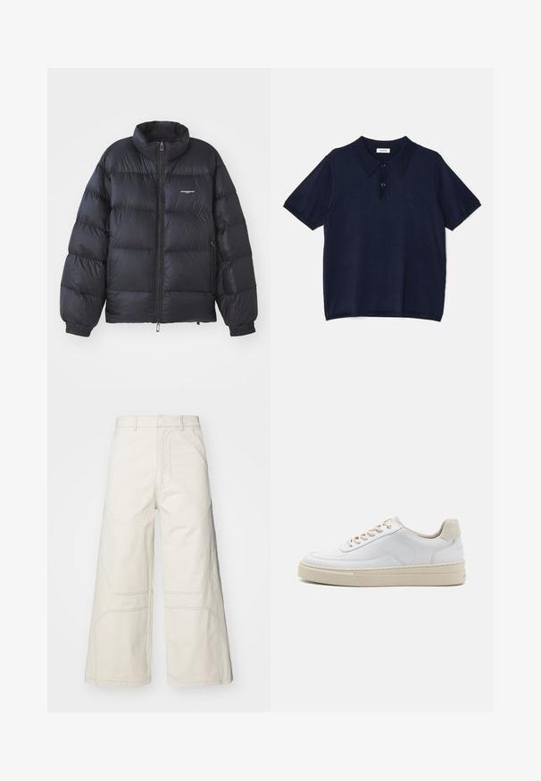 Schwarze Puffjacke mit hohem Kragen, Reißverschluss, elastischen Bündchen und einem Logo auf der Brust. Glattes, glänzendes Material mit gepolstertem Design.; sandro Poloshirt - marine; A-COLD-WALL* FORMAT PANT - Stoffhose - beige bone; Weiße Sneaker mit einem glatten Lederobermaterial, beigen Schnürsenkeln und einer strukturierten, beigen Wildleder-Fersenschlaufe. Erhöhte Sohle für zusätzlichen Komfort.