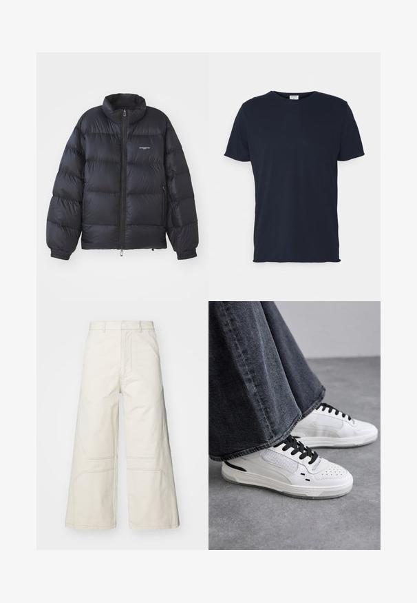 Schwarze Puffjacke mit hohem Kragen, Reißverschluss, elastischen Bündchen und einem Logo auf der Brust. Glattes, glänzendes Material mit gepolstertem Design.; Marineblaue Baumwoll-T-Shirt mit Rundhalsausschnitt und kurzen Ärmeln, mit einer glatten Oberfläche und einfachem Design, ohne sichtbare Muster oder Akzente.; A-COLD-WALL* FORMAT PANT - Stoffhose - beige bone; Weiße Sneakers mit schwarzen Schnürsenkeln und Netzdetails. Die Schuhe verfügen über ein glattes Lederobermaterial und eine strukturierte Gummisohle. Kombiniert mit weiten, grauen Jeans.