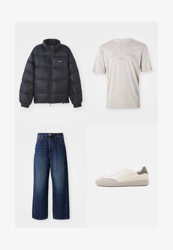 Chaqueta de plumas negra con cuello alto, cierre de cremallera, puños elásticos y un logo en el pecho. Material suave y brillante con un diseño acolchado.; Camiseta de manga corta color beige claro, hecha de una tela suave, con el logo bordado "Emporio Armani Milano" en un tono ligeramente más oscuro.; Pantalones vaqueros de pierna ancha en azul oscuro, fabricados en denim. Presentan una cinturilla clásica con trabas para cinturón, bolsillos frontales y una silueta recta.; Zapatilla blanca de caña baja con detalles de ante gris claro en la puntera y el talón, cordones blancos y una suela plana beige, vista desde el lado exterior.