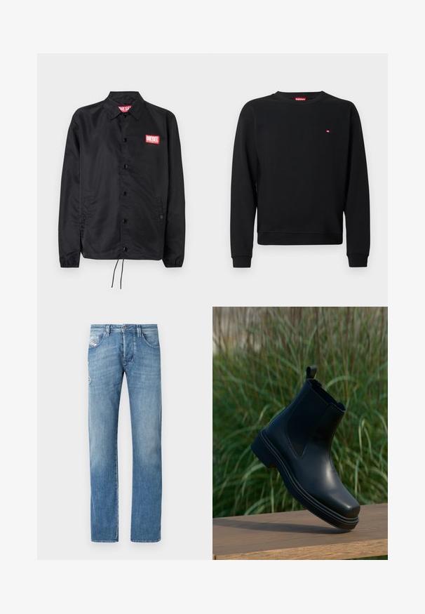 Schwarze Jacke aus glattem, leichtem Material mit Knopfriegel, elastischen Bündchen, seitlichen Taschen und einem roten Diesel-Logo-Patch.; Schwarzer Pullover aus weichem Stoff mit Rundhalsausschnitt und langen Ärmeln. Kleines rotes Logo in der Nähe der Brust. Gerippte Bündchen und Saum.; Hellblaue Jeans aus Denim mit geradem Bein, ausgestattet mit einem Knopfverschluss, fünf Taschen und dezenten Stickdetails auf den Gesäßtaschen.; Schwarze Leder-Chelsea-Boots mit elastischen Seiten, runder Spitze, niedrigem Absatz und einer Lasche auf der Rückseite, vor einem verschwommenen grünen Hintergrund.