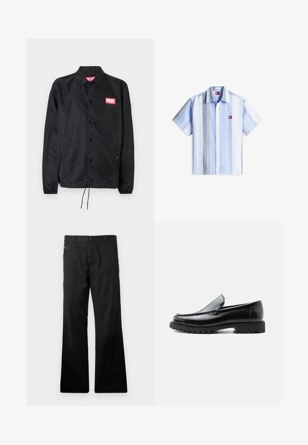 Schwarze Jacke aus glattem, leichtem Material mit Knopfriegel, elastischen Bündchen, seitlichen Taschen und einem roten Diesel-Logo-Patch.; Kurzärmeliges Hemd mit Knopfleiste, vertikalen blau-weißen und grauen Streifen sowie einem kleinen Logopatch auf der linken Brust.; Schwarze, gerade geschnittene Baumwollhose mit Knopfverschluss. Verfügt über seitliche Taschen und ein minimalistisches Design ohne sichtbare Muster oder Akzente.; Schwarzer Lederloafer mit grober Gummisohle, genähter Oberseite und geprägtem Markennamen an der Ferse, seitlich auf weißem Hintergrund gezeigt.