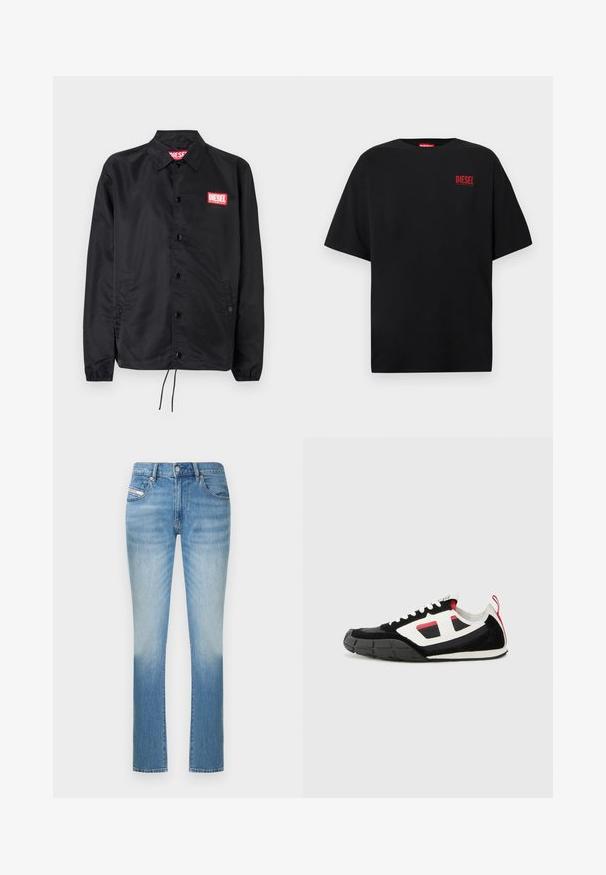 Zwarte jack van soepel, lichtgewicht materiaal, met een knoopsluiting, elastische manchetten, zijzakken en een rood Diesel logo patch.; Zwart T-shirt van katoen met korte mouwen, een ronde hals en een rood "DIESEL"-logo op de linkerborst.; Lichtblauwe denim jeans met een aansluitend ontwerp, voorzien van een rechte pijp en subtiele vervaging richting de onderkant. Klassieke vijfzakkenstijl.; Diesel S PAGODHA LOW - Sneakers laag - black