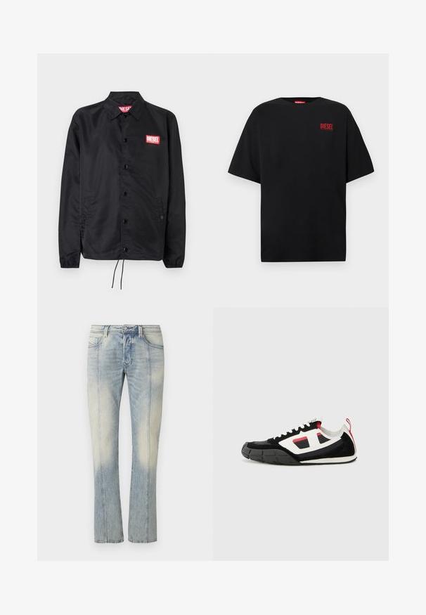 Sort jakke lavet af glat, let materiale, med knaplukning fortil, elastiske manchetter, sidelommer og et rødt Diesel-logo patch.; Sort T-shirt lavet af bomuld, med korte ærmer, rund halsudskæring og en rød "DIESEL"-logo på venstre brystområde.; Lyseblå denimjeans med lige ben, dobbelt syning, forlommer og en falmet finish. Ingen synlig mærkning.; Diesel S PAGODHA LOW - Sneakers - black
