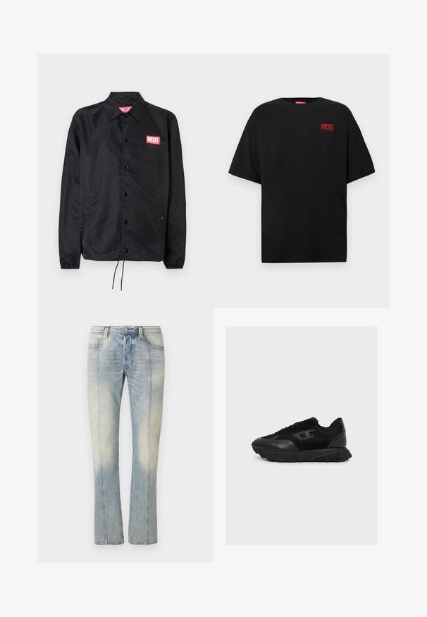 Sort jakke lavet af glat, let materiale, med knaplukning fortil, elastiske manchetter, sidelommer og et rødt Diesel-logo patch.; Sort T-shirt lavet af bomuld, med korte ærmer, rund halsudskæring og en rød "DIESEL"-logo på venstre brystområde.; Lyseblå denimjeans med lige ben, dobbelt syning, forlommer og en falmet finish. Ingen synlig mærkning.; Sort lavtop sneakers med mesh- og læderdetaljer, tyk sål og diskret logo på siden, vist i profil på en hvid baggrund.