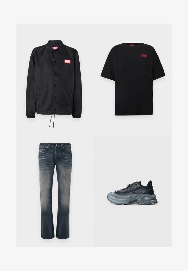 Chaqueta negra hecha de un material suave y ligero, con cierre de botones en el frente, puños elásticos, bolsillos laterales y un parche con el logo rojo de Diesel.; Camiseta negra de algodón, con mangas cortas, cuello redondo y un logo rojo de "DIESEL" en la zona izquierda del pecho.; Vaqueros de pierna recta en denim azul oscuro lavado claro con secciones desteñidas, sutiles arrugas y detalles desgastados. Cierre con botones y cinco bolsillos.; Zapatilla Diesel en negro y gris con suela gruesa, cierre de cordón y diseño texturizado sobre un fondo liso de color gris claro.