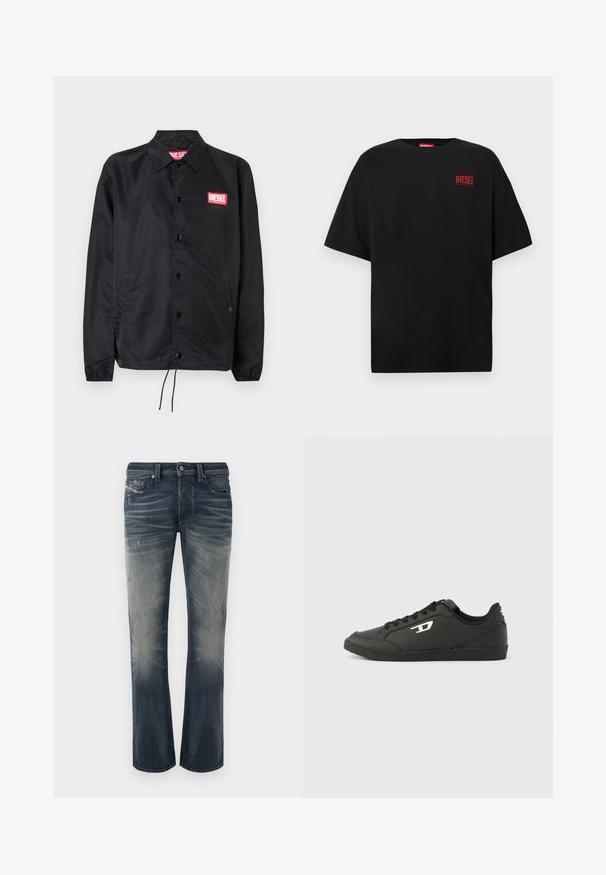 Chaqueta negra hecha de un material suave y ligero, con cierre de botones en el frente, puños elásticos, bolsillos laterales y un parche con el logo rojo de Diesel.; Camiseta negra de algodón, con mangas cortas, cuello redondo y un logo rojo de "DIESEL" en la zona izquierda del pecho.; Vaqueros de pierna recta en denim azul oscuro lavado claro con secciones desteñidas, sutiles arrugas y detalles desgastados. Cierre con botones y cinco bolsillos.; Zapatillas deportivas negras sintéticas con suela negra texturizada, puntera redonda y cordones planos negros. Destaca un logo blanco en el lateral exterior.