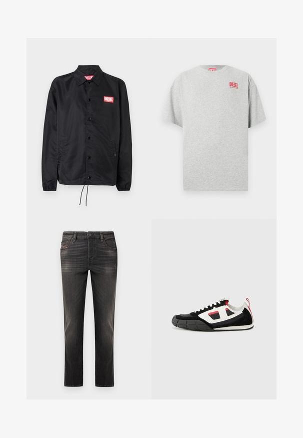 Chaqueta negra hecha de un material suave y ligero, con cierre de botones en el frente, puños elásticos, bolsillos laterales y un parche con el logo rojo de Diesel.; Camiseta de algodón gris con cuello redondo y mangas cortas. Presenta un pequeño logo rojo "DIESEL" en el pecho. Textura suave.; Vaqueros de mezclilla negra con diseño desteñido, corte recto, estilo de cinco bolsillos y cierre de botones. Presentan costuras sutiles y detalles metálicos.; Diesel S PAGODHA LOW - Zapatillas - black