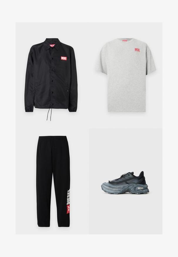 Schwarze Jacke aus glattem, leichtem Material mit Knopfriegel, elastischen Bündchen, seitlichen Taschen und einem roten Diesel-Logo-Patch.; Graues Baumwoll-T-Shirt mit rundem Ausschnitt und kurzen Ärmeln. Mit einem kleinen roten "DIESEL"-Logo auf der Brust. Glatte Textur.; Schwarze Sweatpants mit elastischem Bund, ausgestattet mit einem großen weißen "DIESEL"-Logo und rotem Akzent am linken Bein. Weicher, glatter Stoff.; Schwarz- und graue Diesel-Sneaker mit dicker Sohle, Schnürverschluss und strukturiertem Design auf einem schlichten hellgrauen Hintergrund.