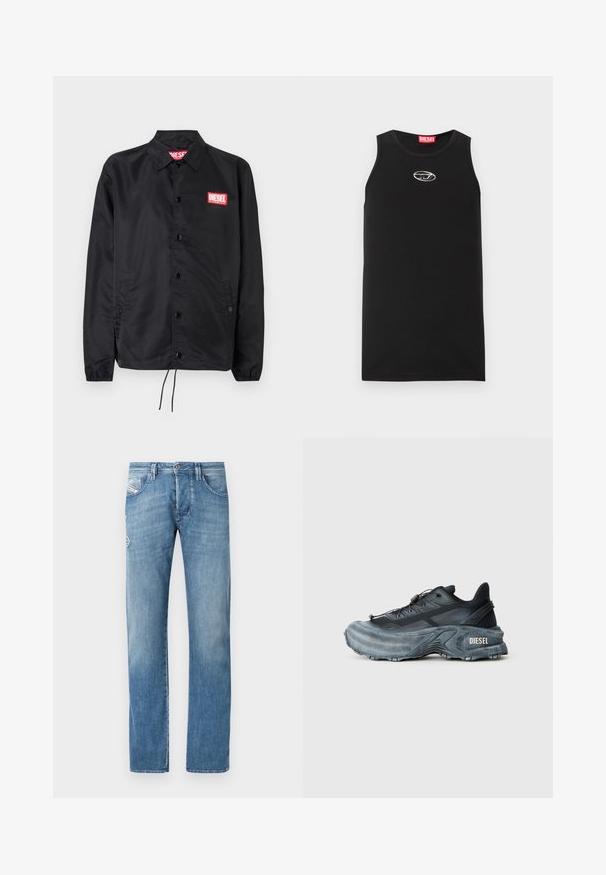 Sort jakke lavet af glat, let materiale, med knaplukning fortil, elastiske manchetter, sidelommer og et rødt Diesel-logo patch.; Sort ærmeløs tanktop lavet af bomuld. Har en rund halsudskæring og en lille hvid Diesel-logo på brystet. Glat tekstur.; Lyseblå denimjeans med lige ben, der har knaplukning, fem lommer og diskrete syningsdetaljer på baglommerne.; Sort og grå Diesel sneakers med tyk sål, snørrebåndslukning og tekstureret design på en ensfarvet lysegrå baggrund.