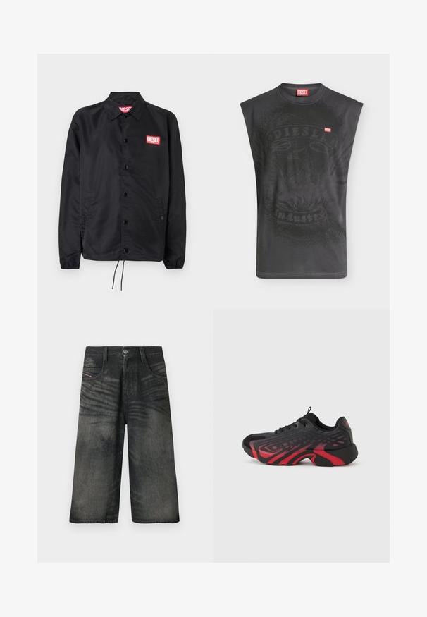 Sort jakke lavet af glat, let materiale, med knaplukning fortil, elastiske manchetter, sidelommer og et rødt Diesel-logo patch.; Ærmeløs sort Diesel t-shirt med subtilt ørne-grafik og lille rød Diesel logopatch på brystet.; Sorte cowboyshorts med brede ben, foran knap, lynlås, bærestropper og detaljer med falmet tekstur.; Sort og rød atletik sko med tekstureret overdel med mønsterdetaljer, snørelukning og tyk gummisål.