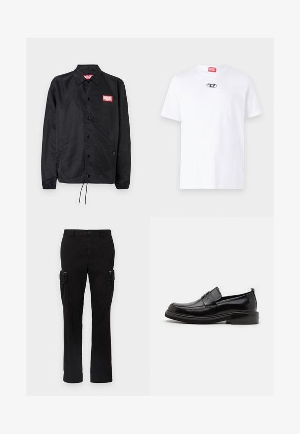 Zwarte jack van soepel, lichtgewicht materiaal, met een knoopsluiting, elastische manchetten, zijzakken en een rood Diesel logo patch.; Witte katoenen t-shirt met korte mouwen, voorzien van een ronde halslijn en een zilveren Diesel-logo op de borst. Eenvoudig ontwerp, effen kleur.; Zwarte cargobroek van katoen, met twee zijzakken, een rechte pijp en zichtbare stiksels op de naden.; Calvin Klein MOCCASIN - Zakelijke loafers - black