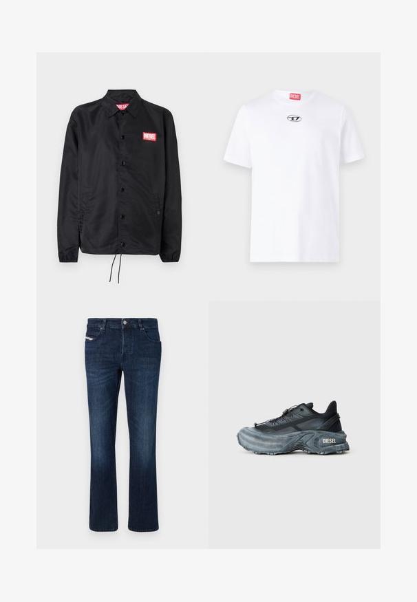 Zwarte jack van soepel, lichtgewicht materiaal, met een knoopsluiting, elastische manchetten, zijzakken en een rood Diesel logo patch.; Witte katoenen t-shirt met korte mouwen, voorzien van een ronde halslijn en een zilveren Diesel-logo op de borst. Eenvoudig ontwerp, effen kleur.; Donkerblauwe denim jeans met een rechte pijp. Beschikt over vijf zakken, een metalen knoopsluiting en subtiele stiksels op de achterzak.; Zwarte en grijze Diesel sneakers met dikke zool, vetersluiting en gestructureerd ontwerp op een effen lichtgrijze achtergrond.