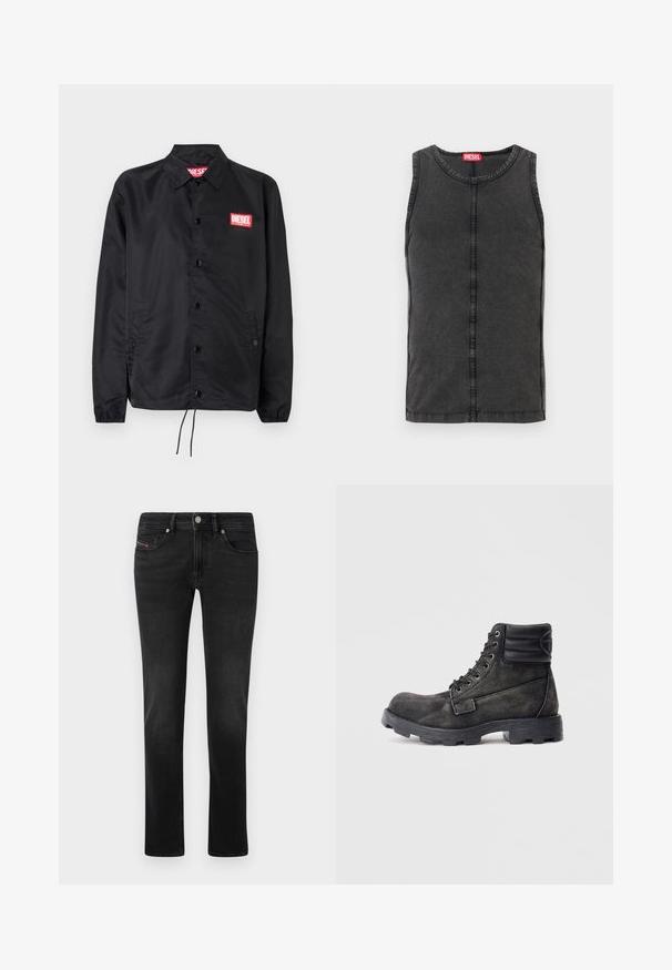 Schwarze Jacke aus glattem, leichtem Material mit Knopfriegel, elastischen Bündchen, seitlichen Taschen und einem roten Diesel-Logo-Patch.; Ärmelloses schwarzes Denim-Top mit runder Ausschnitt, sichtbaren Nähten und einem roten Markenetikett am Kragen.; Schwarze Denim-Jeans mit geradem Bein, ausgestattet mit Vorder- und Gesäßtaschen, subtilen Ausbleichungen und einem Metallknopfverschluss.; Schwarz-graue Knöchelstiefel aus strukturiertem Canvas mit gepolstertem Schaft, rundem Zehenbereich und robuster Gummisohle. 6 Metallösen für die Schnürsenkel.