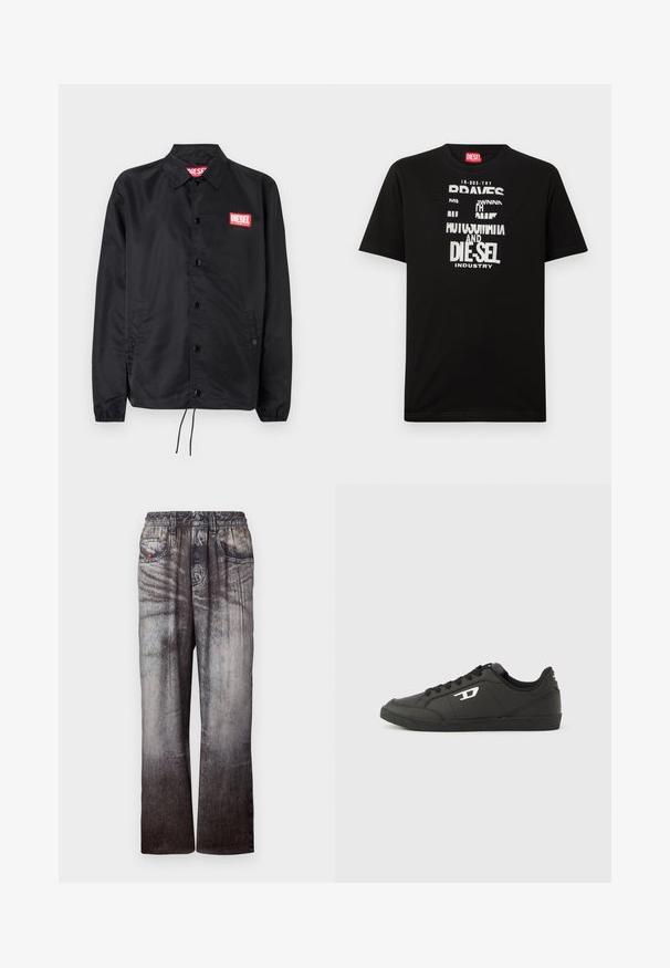 Sort jakke lavet af glat, let materiale, med knaplukning fortil, elastiske manchetter, sidelommer og et rødt Diesel-logo patch.; Sort bomulds-T-shirt med fed hvide tekstgrafik, herunder "DIESEL" og "INDUSTRY", med rund halsudskæring og korte ærmer.; Denimbukser med en falmet blå til grå gradient, elastisk talje og forlommer. Har en struktureret overflade med subtil syning.; Sorte syntetiske sneakers med en struktureret sort sål, rund tå og flade sorte snørebånd. Fremtrædende hvidt logo på ydersiden.