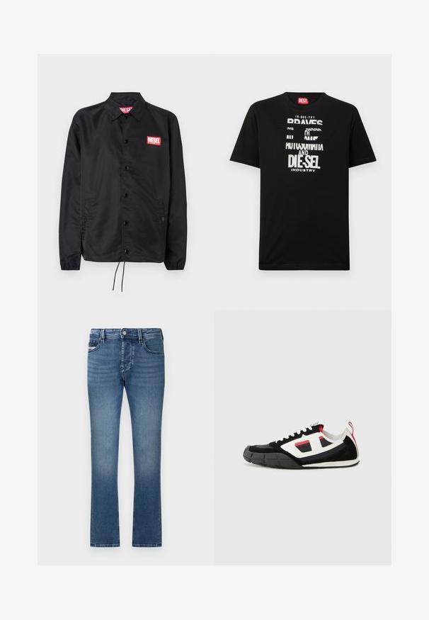 Sort jakke lavet af glat, let materiale, med knaplukning fortil, elastiske manchetter, sidelommer og et rødt Diesel-logo patch.; Sort bomulds-T-shirt med fed hvide tekstgrafik, herunder "DIESEL" og "INDUSTRY", med rund halsudskæring og korte ærmer.; Blå denimjeans med lige ben, design med fem lommer og en falmet finish. Har bæltestropper i taljen og lukning med metalknap.; Diesel S PAGODHA LOW - Sneakers - black