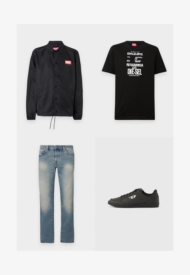 Zwarte jack van soepel, lichtgewicht materiaal, met een knoopsluiting, elastische manchetten, zijzakken en een rood Diesel logo patch.; Zwart katoenen T-shirt met opvallende witte tekstgrafieken, waaronder "DIESEL" en "INDUSTRY", met een ronde hals en korte mouwen.; Lichtblauwe denim rechte jeans met vervaagde plekken, vijf zakken en een knoopsluiting. De stof vertoont lichte veroudering en slijtageplekken.; Zwarte sneakers van synthetisch materiaal met een geribbelde zwarte zool, ronde neus en vlakke zwarte veters. Opvallend wit logomerk aan de buitenzijde.