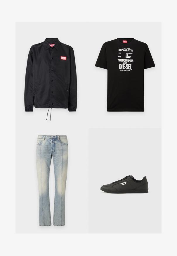 Zwarte jack van soepel, lichtgewicht materiaal, met een knoopsluiting, elastische manchetten, zijzakken en een rood Diesel logo patch.; Zwart katoenen T-shirt met opvallende witte tekstgrafieken, waaronder "DIESEL" en "INDUSTRY", met een ronde hals en korte mouwen.; Lichtblauwe denim jeans met een rechte pijp, voorzien van dubbele stiksels, voorzakken en een verweerde afwerking. Geen zichtbare merkaanduiding.; Zwarte sneakers van synthetisch materiaal met een geribbelde zwarte zool, ronde neus en vlakke zwarte veters. Opvallend wit logomerk aan de buitenzijde.