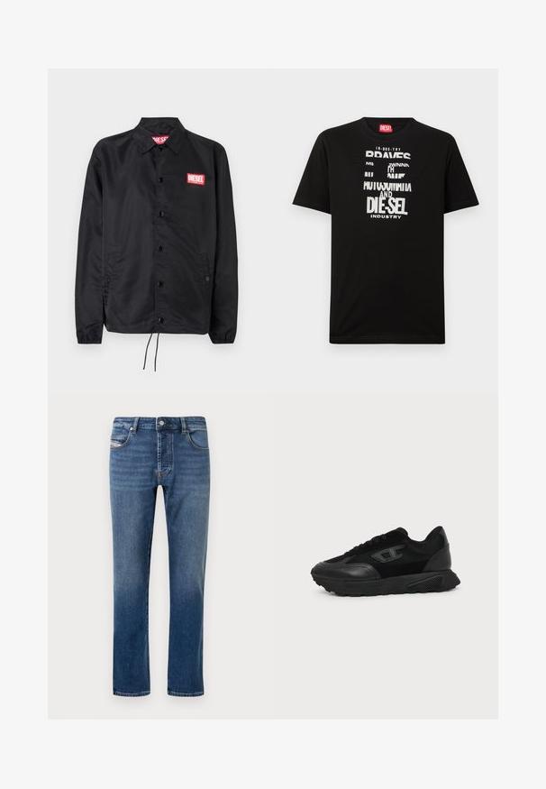 Schwarze Jacke aus glattem, leichtem Material mit Knopfriegel, elastischen Bündchen, seitlichen Taschen und einem roten Diesel-Logo-Patch.; Schwarzes Baumwoll-T-Shirt mit kräftigen weißen Textgrafiken, darunter "DIESEL" und "INDUSTRY", mit rundem Halsausschnitt und kurzen Ärmeln.; Dunkelblaue Jeans aus Denim mit geradem Schnitt, fünf Taschen und Knopfverschluss. Mit hellen Verwaschungen und Ziernähten versehen.; Schwarzer Low-Top-Sneaker mit strukturierter Sohle, Mesh- und Lederoberseite, Schnürung vorne und kleinem eingeprägtem Logo auf dem Seitenpanel.