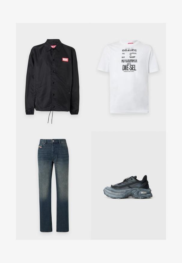 Chaqueta negra hecha de un material suave y ligero, con cierre de botones en el frente, puños elásticos, bolsillos laterales y un parche con el logo rojo de Diesel.; Camiseta blanca de algodón con tipografía negra audaz que muestra las palabras "BRAVES" y "DIE-SEL INDUSTRY" y un diseño de recorte semitransparente.; Vaqueros de mezclilla azul de pierna recta con lavado desvanecido, cierre frontal con botón y cremallera, y diseño de cinco bolsillos.; Zapatilla Diesel en negro y gris con suela gruesa, cierre de cordón y diseño texturizado sobre un fondo liso de color gris claro.