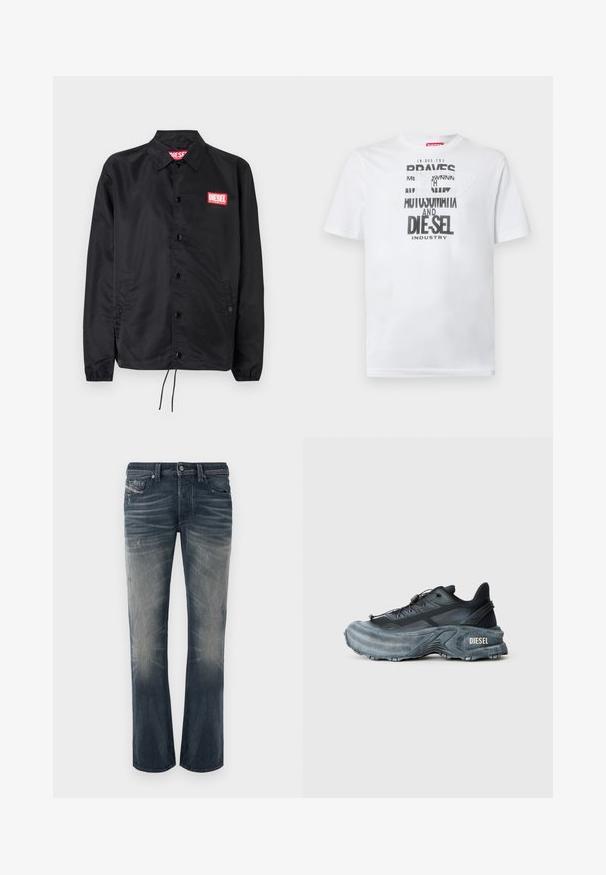 Chaqueta negra hecha de un material suave y ligero, con cierre de botones en el frente, puños elásticos, bolsillos laterales y un parche con el logo rojo de Diesel.; Camiseta blanca de algodón con tipografía negra audaz que muestra las palabras "BRAVES" y "DIE-SEL INDUSTRY" y un diseño de recorte semitransparente.; Vaqueros de pierna recta en denim azul oscuro lavado claro con secciones desteñidas, sutiles arrugas y detalles desgastados. Cierre con botones y cinco bolsillos.; Zapatilla Diesel en negro y gris con suela gruesa, cierre de cordón y diseño texturizado sobre un fondo liso de color gris claro.