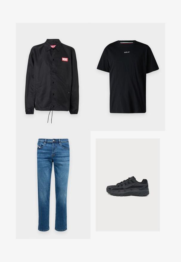 Schwarze Jacke aus glattem, leichtem Material mit Knopfriegel, elastischen Bündchen, seitlichen Taschen und einem roten Diesel-Logo-Patch.; Schwarzes Baumwoll-T-Shirt mit Rundhalsausschnitt und kurzen Ärmeln. Das Wort "REPLAY" ist in Weiß über die Brust gestickt.; Blaue Denim-Jeans mit geradem Schnitt, fünf Taschen und einem Knopfverschluss. Sie verfügen über subtile Kontrastnähte und eine glatte Textur.; Schwarzer Nike Laufschuh mit geschichtetem Mesh- und Wildleder-Obermaterial, detaillierter Sohle und sichtbarem Nike Swoosh an der Seite.