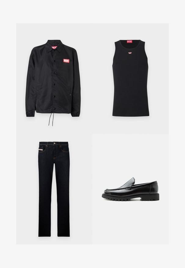 Schwarze Jacke aus glattem, leichtem Material mit Knopfriegel, elastischen Bündchen, seitlichen Taschen und einem roten Diesel-Logo-Patch.; Schwarzes ärmelloses Diesel Tanktop mit kleinem roten und weißen Logo auf der Brust und rotem Diesel-Label innen im Kragen.; Dunkelblaue Jeans aus Denim mit geradem Bein, mit orangefarbener Naht und einem Label auf der Vordertasche. Mit Metallknopfverschluss.; Schwarzer Lederloafer mit grober Gummisohle, genähter Oberseite und geprägtem Markennamen an der Ferse, seitlich auf weißem Hintergrund gezeigt.