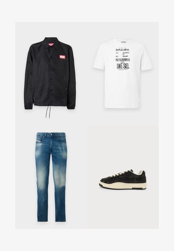 Zwarte jack van soepel, lichtgewicht materiaal, met een knoopsluiting, elastische manchetten, zijzakken en een rood Diesel logo patch.; Witte korte mouw Diesel T-shirt met zwart-witte grafische tekst en logo aan de voorkant, ronde halslijn en rode logolabel aan de zijnaad.; Blauwe vervaagde slim-fit jeans met een vijfzakkenontwerp en knoopsluiting, weergegeven tegen een effen witte achtergrond.; Zwarte lage sneaker met crèmekleurige zool en veters, rafelige stofdetails en gewatteerde kraag op een witte achtergrond.