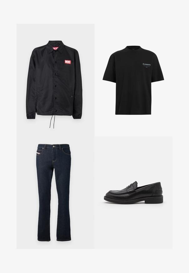 Zwarte jack van soepel, lichtgewicht materiaal, met een knoopsluiting, elastische manchetten, zijzakken en een rood Diesel logo patch.; Zwart katoenen T-shirt met een ronde halslijn en korte mouwen. Bevat een klein 'ALLSAINTS' logo in lichtblauw op de linker borst.; Navyblauwe denim jeans met een rechte snit, voorzien van oranje stiksels, een metalen knoopsluiting en een klein logo op de achterzak.; Zwarte leren loafers met een ronde neus, ton-sur-ton stiksels en een banddetail aan de voorkant. Rubberen zool met een lage hak.