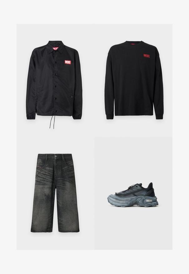 Schwarze Jacke aus glattem, leichtem Material mit Knopfriegel, elastischen Bündchen, seitlichen Taschen und einem roten Diesel-Logo-Patch.; Schwarzes langärmliges T-Shirt aus Baumwolle mit Rundhalsausschnitt. Verfügt über ein kleines rotes "DIESEL"-Logo auf der linken Brust. Reguläre Passform.; Schwarze Denim-Shorts mit weitem Bein, vorne mit Knöpfen, Reißverschluss, Gürtelschlaufen und verblassten Designdetails.; Schwarz- und graue Diesel-Sneaker mit dicker Sohle, Schnürverschluss und strukturiertem Design auf einem schlichten hellgrauen Hintergrund.