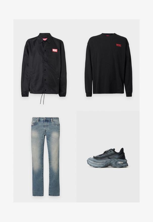 Chaqueta negra hecha de un material suave y ligero, con cierre de botones en el frente, puños elásticos, bolsillos laterales y un parche con el logo rojo de Diesel.; Camiseta negra de manga larga en algodón con cuello redondo. Presenta un pequeño logo rojo "DIESEL" en el área del pecho izquierdo. Corte regular.; Vaqueros de corte recto en denim azul claro con zonas desgastadas, cinco bolsillos y cierre de botón. La tela muestra un leve desgaste y marcas de uso.; Zapatilla Diesel en negro y gris con suela gruesa, cierre de cordón y diseño texturizado sobre un fondo liso de color gris claro.