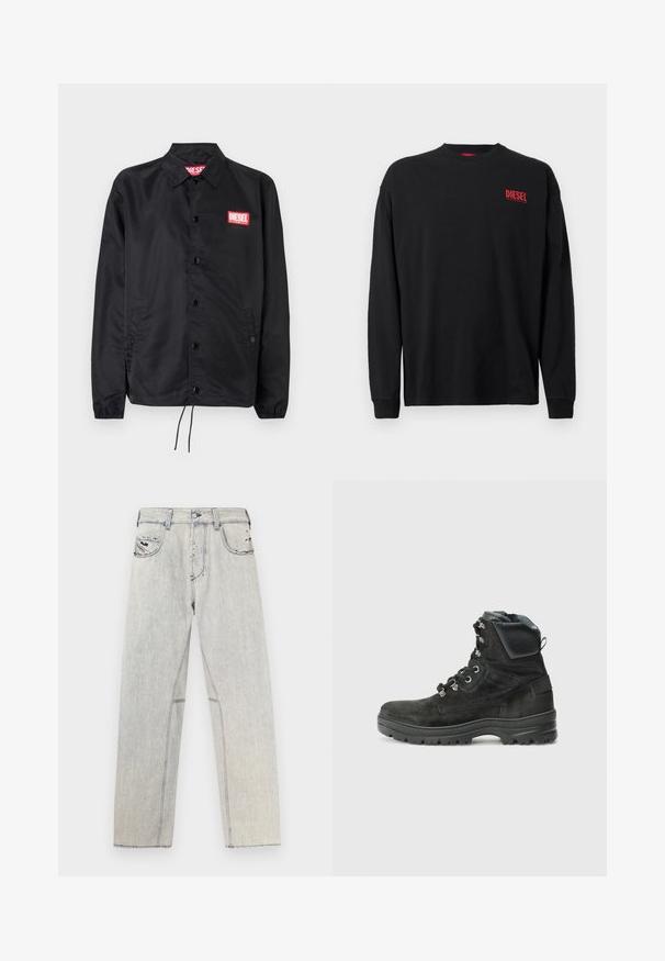 Zwarte jack van soepel, lichtgewicht materiaal, met een knoopsluiting, elastische manchetten, zijzakken en een rood Diesel logo patch.; Zwart katoenen T-shirt met lange mouwen en een ronde hals. Voorzien van een klein rood "DIESEL" logo op de linkerborst. Regular fit.; Lichtblauwe denim jeans met een rechte pasvorm, voorzien van contrasterende stiksels, twee voorzakken en verweerde details in de stof.; Zwarte wandelschoen met een suède afwerking, voorzien van metalen veterogen, een hoge enkel en een stevige rubberen zool, geplaatst tegen een witte achtergrond.
