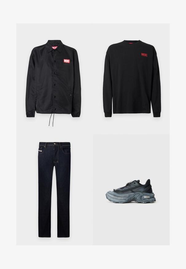 Zwarte jack van soepel, lichtgewicht materiaal, met een knoopsluiting, elastische manchetten, zijzakken en een rood Diesel logo patch.; Zwart katoenen T-shirt met lange mouwen en een ronde hals. Voorzien van een klein rood "DIESEL" logo op de linkerborst. Regular fit.; Donkerblauwe denim jeans met een rechte snit, voorzien van vijf zakken, contrasterende stiksels en een metalen knoopsluiting.; Zwarte en grijze Diesel sneakers met dikke zool, vetersluiting en gestructureerd ontwerp op een effen lichtgrijze achtergrond.