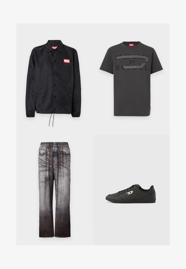 Sort jakke lavet af glat, let materiale, med knaplukning fortil, elastiske manchetter, sidelommer og et rødt Diesel-logo patch.; Grå bomulds-T-shirt med fed sort tekst, der lyder "PROPERTY OF D.I.E.S.E.L.", med en glat tekstur og korte ærmer.; Denimbukser med en falmet blå til grå gradient, elastisk talje og forlommer. Har en struktureret overflade med subtil syning.; Sorte syntetiske sneakers med en struktureret sort sål, rund tå og flade sorte snørebånd. Fremtrædende hvidt logo på ydersiden.