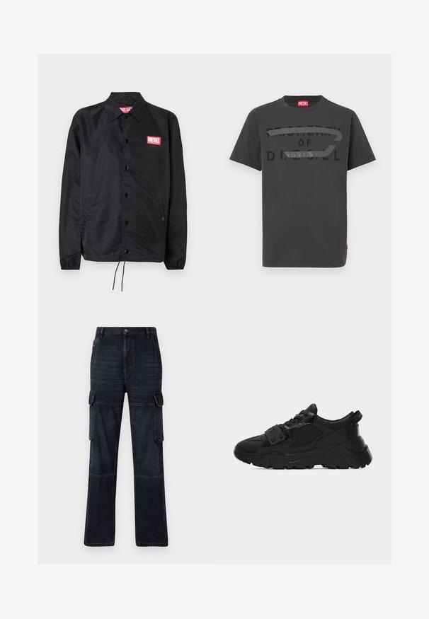 Schwarze Jacke aus glattem, leichtem Material mit Knopfriegel, elastischen Bündchen, seitlichen Taschen und einem roten Diesel-Logo-Patch.; Graues Baumwoll-T-Shirt mit fettem schwarzem Text "PROPERTY OF D.I.E.S.E.L.", glatter Textur und kurzen Ärmeln.; Dunkelblaue Cargo-Hosen mit lockerem Schnitt, ausgestattet mit zwei Seiten pockets, Kniefelgen und Kontrastnähten. Metallknopfverschluss am Taillenbund.; Schwarzer klobiger Sneaker mit Mesh- und Lederpaneelen, dicker strukturierter Sohle, Schnürung vorne und einem Riemen mit Metallnieten über den Schnürsenkeln.