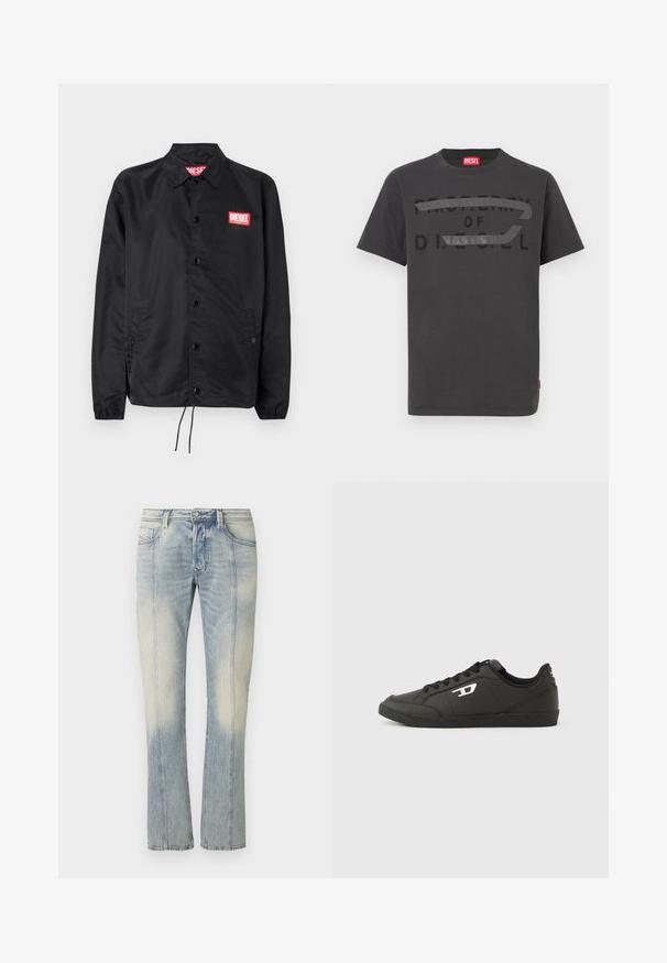 Chaqueta negra hecha de un material suave y ligero, con cierre de botones en el frente, puños elásticos, bolsillos laterales y un parche con el logo rojo de Diesel.; Camiseta de algodón gris con texto negro en negrita que dice "PROPIEDAD DE D.I.E.S.E.L.", textura suave y mangas cortas.; Jeans de mezclilla azul claro con diseño de pierna recta, con costuras dobles, bolsillos frontales y acabado desteñido. Sin marcas visibles.; Zapatillas deportivas negras sintéticas con suela negra texturizada, puntera redonda y cordones planos negros. Destaca un logo blanco en el lateral exterior.