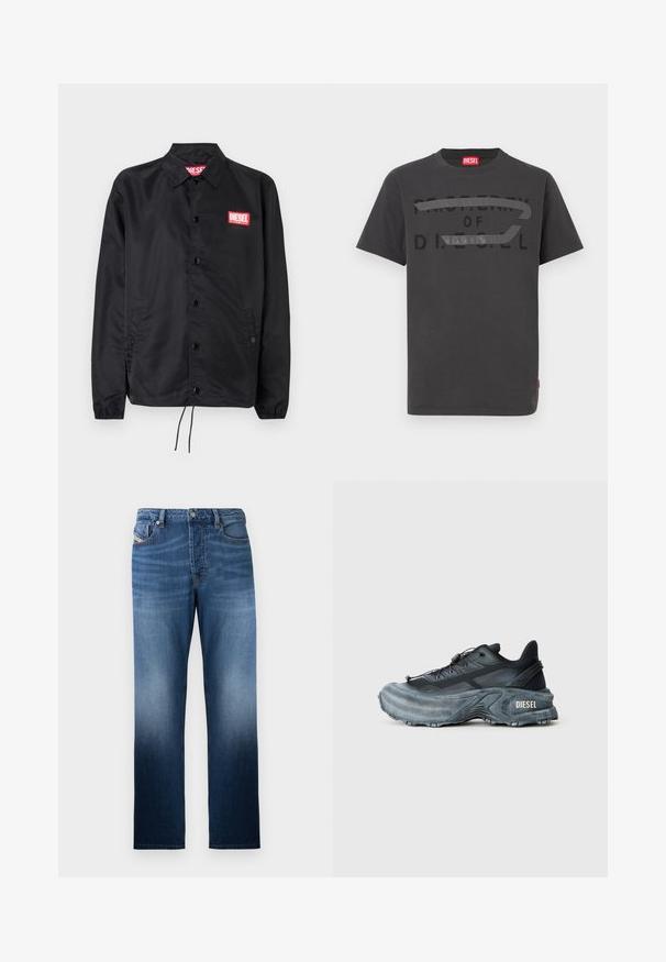 Sort jakke lavet af glat, let materiale, med knaplukning fortil, elastiske manchetter, sidelommer og et rødt Diesel-logo patch.; Grå bomulds-T-shirt med fed sort tekst, der lyder "PROPERTY OF D.I.E.S.E.L.", med en glat tekstur og korte ærmer.; Mørkeblå denim jeans med lige ben-design, præget af en bleget vask-effekt. Inkluderer en frontknaplukning og lommer.; Sort og grå Diesel sneakers med tyk sål, snørrebåndslukning og tekstureret design på en ensfarvet lysegrå baggrund.