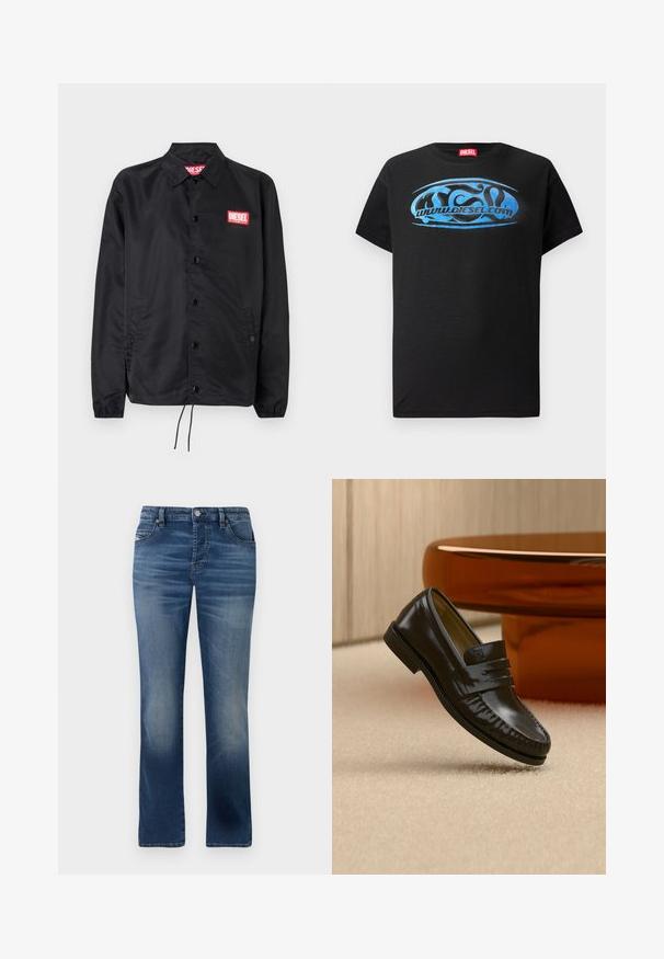 Sort jakke lavet af glat, let materiale, med knaplukning fortil, elastiske manchetter, sidelommer og et rødt Diesel-logo patch.; Sort kortærmet t-shirt lavet af bomuld, med et blåt grafisk logo-design og teksten "www.diesel.com" på forsiden.; Mørkeblå denimbukser med lige ben-design, der har frontlommer, diskret falming og en klassisk knaplukning i taljen.; Skinnende sort læderloafer med remdetalje, placeret på beige tæppe nær et rundt brunt sofabord i et blødt oplyst rum.