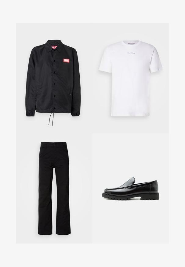 Sort jakke lavet af glat, let materiale, med knaplukning fortil, elastiske manchetter, sidelommer og et rødt Diesel-logo patch.; Hvid kortærmet t-shirt lavet af bomuld med rund hals. Fås med "Marc O'Polo" logo i sort på brystet. Glat tekstur, minimalistisk design.; Sort bomuldsbukser med lige ben, der har knaplukning og bæltestropper. Glat tekstur og minimalistisk stil uden synlige mønstre.; Sort læderloafer med chunky gummisål, syet overdel og præget mærkenavn på hælen, vist i sideprofil på hvid baggrund.