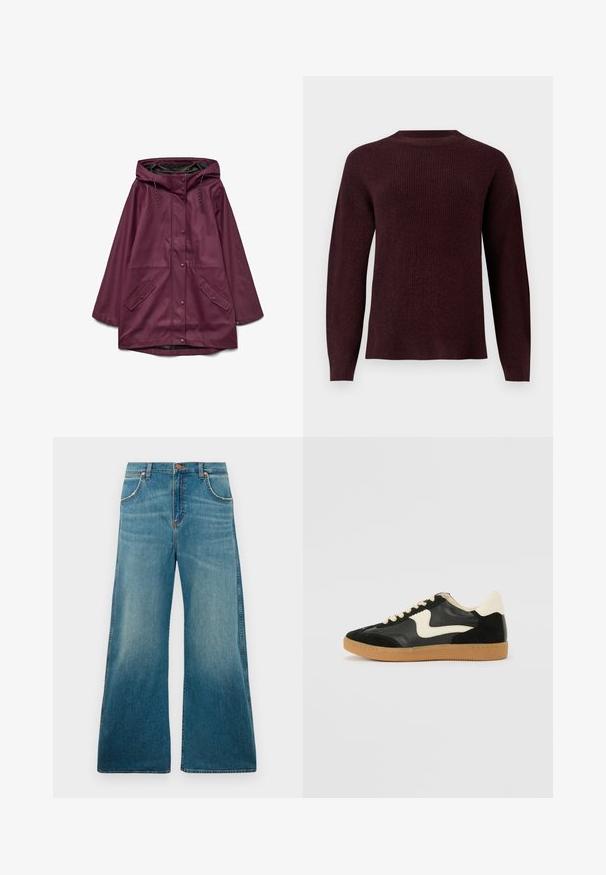 Bordeaux vandtæt parka med hætte, der har knaplukning og to forlommer; lavet af glat, slidstærkt materiale.; ONLY Knitted ONLCAMILLA Knitted - Striktrøje - purple; Højtaljede blå denimjeans med brede ben, frontlommer, knaplukning og en falmet farvegradient fra talje til kant.; Sorte ruskinds- og lædersneakers med en cremefarvet side-swoosh og lys cremefarvet hæl. Har beige snørebånd og en gummirubber-sål.