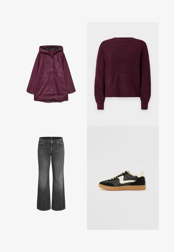 Bordeaux vandtæt parka med hætte, der har knaplukning og to forlommer; lavet af glat, slidstærkt materiale.; Bordeaux sweater med et tekstureret strikkemønster, rund halsudskæring og lange ærmer med ribbede manchetter. Blødt materiale med en afslappet pasform.; Sorte, falmede, straight-leg jeans i denim med forreste knap, bæltestropper og fem-lommer design.; Sorte ruskinds- og lædersneakers med en cremefarvet side-swoosh og lys cremefarvet hæl. Har beige snørebånd og en gummirubber-sål.