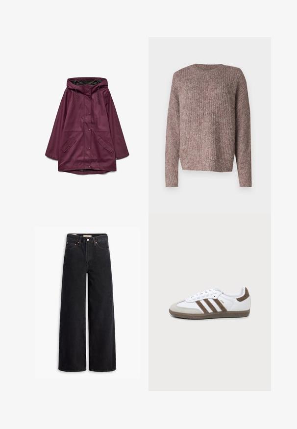 Parka imperméable bordeaux avec capuche, dotée d'une fermeture à boutons-pression et de deux poches avant ; fabriquée en matériau lisse et durable.; Pull en maille côtelée marron avec des manches longues et un col rond. Coupe décontractée et texture douce, idéal pour une tenue casual.; Jean noir à jambe large en denim, comportant cinq poches, des rivets en laiton et une fermeture à bouton classique. Texture lisse avec un design épuré.; Basket Adidas Samba blanche et marron avec trois bandes marron, lacets et semelle texturée, vue de côté sur fond uni.