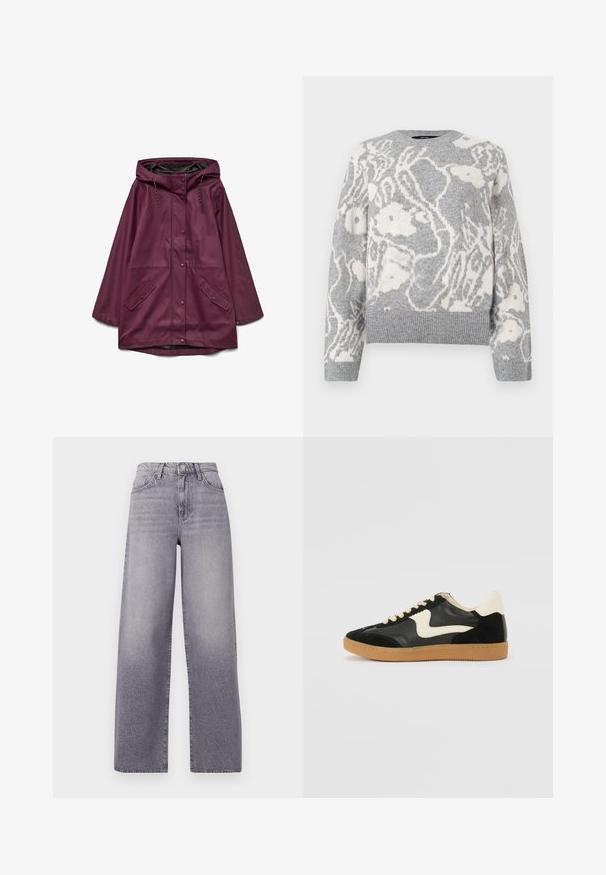 Parka imperméable bordeaux avec capuche, dotée d'une fermeture à boutons-pression et de deux poches avant ; fabriquée en matériau lisse et durable.; Pull en maille gris avec un motif floral blanc, col rond, et bords-côtes aux poignets et à l'ourlet, fabriqué dans un matériau doux.; Jeans taille haute à jambes larges en denim gris clair. Présentent un design classique à cinq poches, un léger délavage et une fermeture à bouton en métal.; Baskets en daim et cuir noir avec un swoosh latéral crème et un talon crème clair. Dotées de lacets beige et d'une semelle en caoutchouc gomme.
