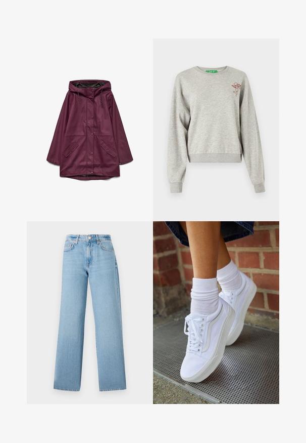 Bordeaux waterdichte parka met een capuchon, voorzien van een drukknoopsluiting en twee voorzakken; gemaakt van soepel, duurzaam materiaal.; Lichtgrijze cropped sweatshirt van zacht materiaal, met lange mouwen, geribbelde manchetten en een klein rood geborduurd cherubijnontwerp op de borst.; Lichtblauwe wijde jeans gemaakt van denim, met een hoge taille, vijfzakken ontwerp en een knoopsluiting met een ritssluiting.; Witte canvas sneakers met rubberen zolen, voorzien van zes vetertjes, een ronde neus en lichte stikdetails, gecombineerd met witte enkelsokken.
