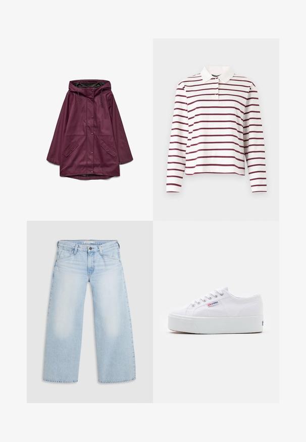 Bordeaux vandtæt parka med hætte, der har knaplukning og to forlommer; lavet af glat, slidstærkt materiale.; Langærmet polo skjorte i hvid med maroon vandret striber, med en klassisk krave og knappelukning. Blødt bomuldsstof.; Lyseblå vid nederdel jeans lavet af denim. Har lige snit, fem lommers design og knaplukning i taljen.; Hvide canvas sneakers med en tyk hvid platformssål, rund tå og metaløjelets til snørebånd. Mærkets logo præsenteret på siden.