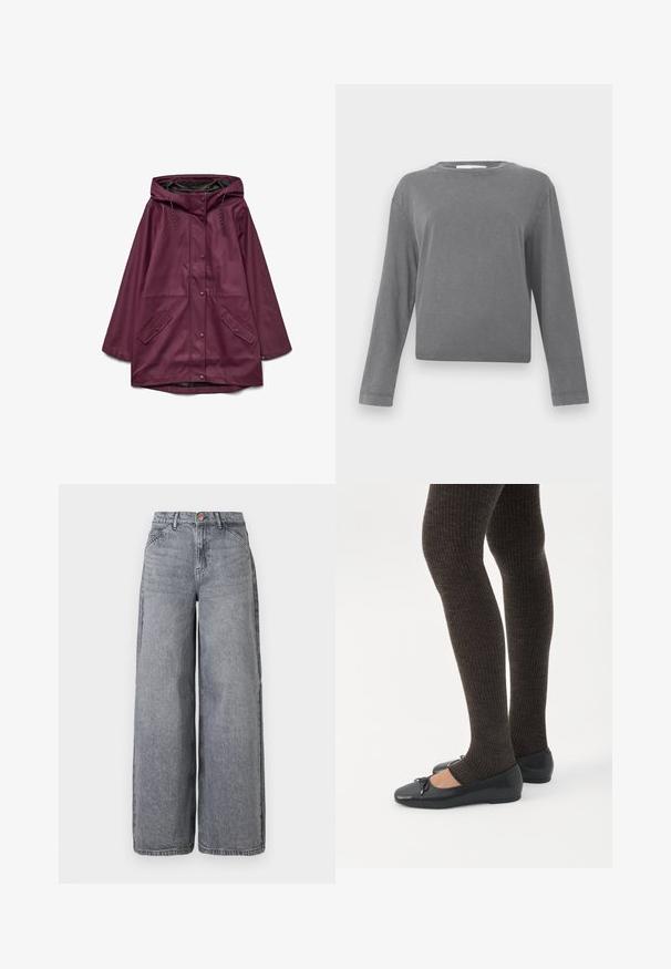 Burgundský nepremokavý parka s kapucňou, so zapínaním na patentky a dvoma prednými vreckami; vyrobený z hladkého, odolného materiálu.; Dlhý rukáv, jednoduché šedé tričko s okrúhlym výstrihom s jemne umývanou textúrou látky, zobrazené na bielom pozadí.; Džíny s širokými nohavicami v bledom šedivom odtieni, s piatimi vreckami, zapínaním na gombík a jemnou textúrou so subtílnymi detaily v podobe zmiešaných tónov.; Nohy v tmavých pásikavých legínach v kombinácii s čiernymi balerínkami s malými mašličkami na bielom pozadí.